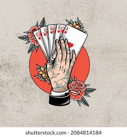 hand holding card game with red rose flower