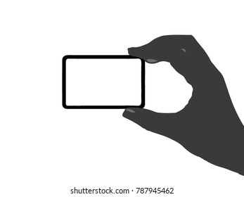 Hand holding card horizontally. Blank card, Template. Isolated on white background. 2D flat style graphic design. Gray scale color. Vector illustration
