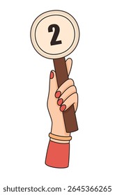 Hand holding card with number 2. Points scored in competition. Flat vector illustration.