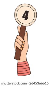 Hand holding card with number 4. Points scored in competition. Flat vector illustration.