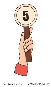 Hand holding card with number 5. Points scored in competition. Flat vector illustration.