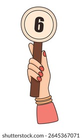 Hand holding card with number 6. Points scored in competition. Flat vector illustration.
