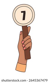 Hand holding card with number 7. Points scored in competition. Flat vector illustration.