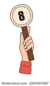 Hand holding card with number 8. Points scored in competition. Flat vector illustration.