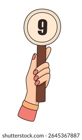 Hand holding card with number 9. Points scored in competition. Flat vector illustration.