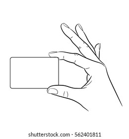 Hand holding a card on white background of monochrome vector illustrations