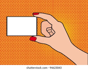 hand holding card pop art background. vector illustratlion