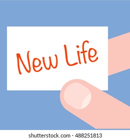 hand holding card with text new life business technology internet concept vector illustration measurement background scene guide business announcement concept instruction guidance assistance descripti