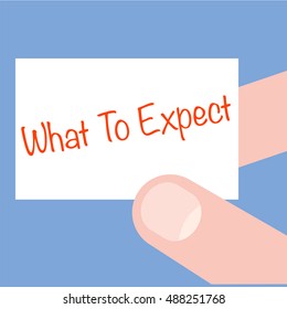 hand holding card with text what to expert business technology internet concept vector illustration measuring scene guide business meeting concept guidance assistance description theory uncertainty ex