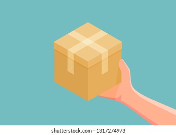 Hand holding cardboard box. concept of deliver shopping transport. Vector illustration