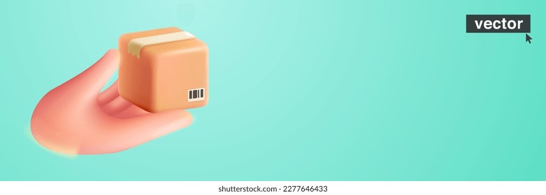 Hand holding cardboard box with mail barcode. Realistic 3D square shape paper package. Vector illustration in fun plastic style. Perfect template for delivery, transportation, online shopping banner.