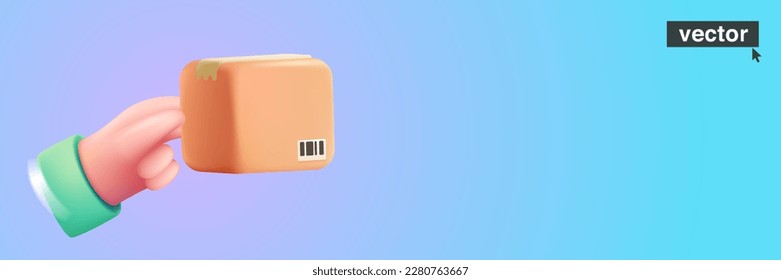 Hand holding cardboard box with mail barcode. Realistic 3D square shape paper package. Vector illustration in fun plastic style. Perfect template for delivery, transportation, online shopping banner.