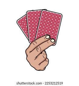 Hand holding cards. three aces. Poker, casino, gambling, on white background, Design element for logo, poster, card, banner, emblem, t shirt. Vector illustration