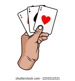 Hand, die Karten hält. drei Asse. Poker, Casino, Glücksspiel, auf weißem Hintergrund, Design-Element für Logo, Poster, Karte, Banner, Emblem, T-Shirt. Vektorgrafik