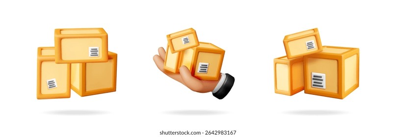 Hand holding carton box delivery package. Human arm with shipment. Parcel, logistic, fast shipping. For express post service.