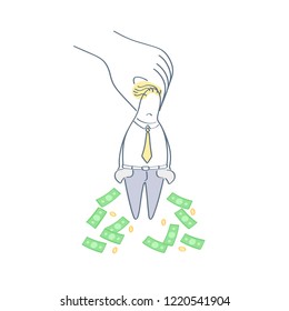 Hand holding cartoon businessman figure upside down and shaking out the money of his pockets. Tax payment, scam, loss of money, currency, cash, debt, loan, crisis, bankruptcy, expenses. Linear vector.