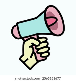 Hand Holding a Cartoon Megaphone, Ready to Speak. A stylized, cartoon illustration of a hand holding a pastel-colored megaphone.