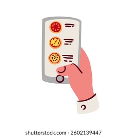 Hand holding cartoon phone to choose pizza to order. Pizza choice by customer for purchase in online pizzeria, restaurant. Fast food delivery mascot, cartoon smartphone in arm vector illustration