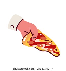 Hand holding cartoon pizza slice. Courier or pizzaiolo chef giving piece of Italian pizza with crispy crust, pepperoni and cheese. Fast food, pizzeria mascot, cartoon snack offer vector illustration