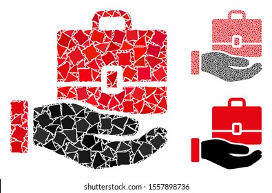Hand holding case mosaic of ragged items in different sizes and color tinges, based on hand holding case icon. Vector rugged items are organized into mosaic.