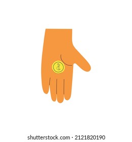 Hand holding cash change for charity and help. Give and share your money. Contribution and donation. Flat design, vector illustration isolated on white background.