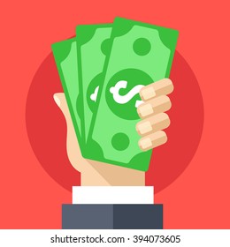 Hand holding cash flat illustration. Investment, marketing, withdrawal concepts. Creative flat design elements for web sites, printed materials, web banners, infographics. Modern vector illustration