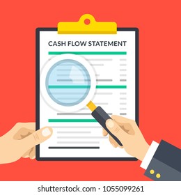 Hand Holding Cash Flow Statement Clipboard, Hand Holding Magnifying Glass. Clipboard With Financial Statement, Financial Report. Business Analysis, Review, Accounting. Flat Design Vector Illustration