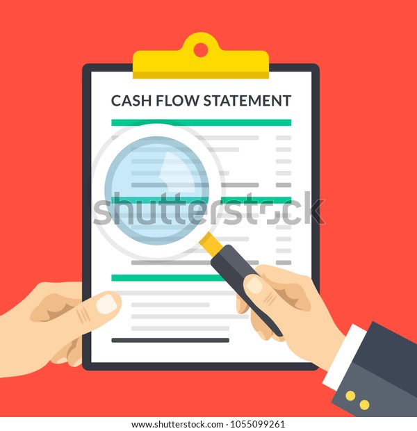 Hand holding cash flow statement clipboard,\
hand holding magnifying glass. Clipboard with financial statement,\
financial report. Business analysis, review, accounting. Flat\
design vector\
illustration