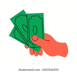 Hand holding cash money fan flat color vector illustration. Person gaining financial bonus closeup cartoon icon on white background