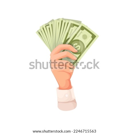 Hand holding cash money fan vector illustration. Cartoon arm of businessman or banker showing wavy stack of paper dollar banknotes, green money pack for monetary reward or salary, bribery or payment