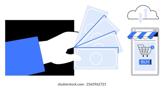 A hand holding cash, a smartphone with a shopping cart icon and a BUY button, and a cloud symbol. Ideal for e-commerce, digital transactions, online payment, shopping apps, fintech. Minimalist