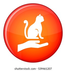 Hand holding a cat icon in red circle isolated on white background vector illustration