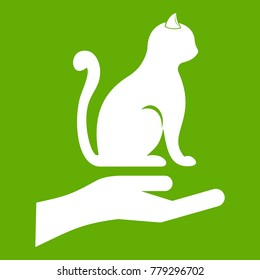 Hand holding a cat icon white isolated on green background. Vector illustration