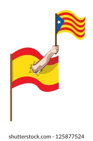 Hand holding Catalan flag through torn Spanish flag