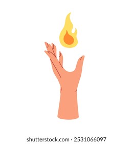 Hand holding, catching fire, burning flame. Light, energy and power symbol. Fingers and mystery, magic heat, esoteric spiritual warmth. Concept flat vector illustration isolated on white background