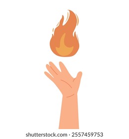 Hand holding, catching fire, burning flame. Light, energy and power symbol. Fingers and mystery, magic heat, esoteric spiritual warmth. Concept flat vector illustration isolated on white background