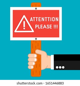 Mano sosteniendo un aviso rojo de precaución y pancartas para prestar atención y tener cuidado. Manos humanas planas sostienen carteles rojos y pancartas para prestar atención y tener cuidado con el fondo azul. Archivo EPS