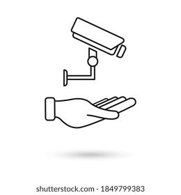 Mano con CCTV, cámara digital de seguridad, icono de la línea delgada de protección. Ilustración vectorial