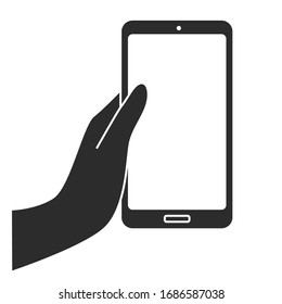 Hand holding cell phone. Blank screen frame. Isolated vector icon. Application mockup in black and white.