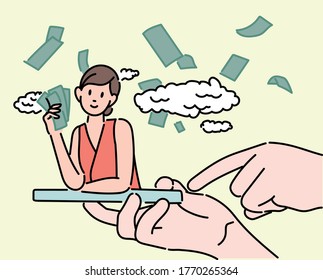 The hand holding the cell phone is close-up. A woman on the phone is holding money in an extravagant pose. hand drawn style vector design illustrations.