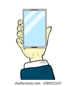 Hand holding a cell phone to communicate, staring at the phone screen, white background - vector