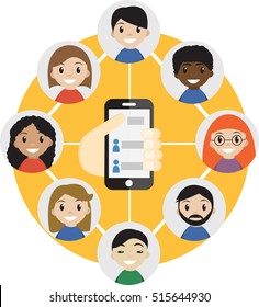 Hand Holding A Cell Phone With  Contacts Of People Concept. Choose Person. Contact List, Phonebook Icon. Group Of People. Call A Friend Icon. Social Communication Network, Group Of Friends.Vector