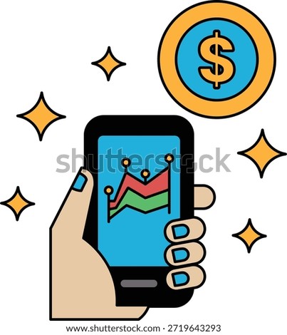 A hand holding a cell phone with a dollar sign on the screen. Concept of financial success and prosperity