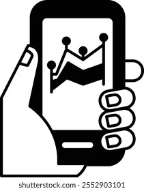 A hand holding a cell phone with a graph on the screen