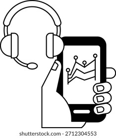 Eine Hand, die ein Handy mit einem Headset am Ohr hält. Das Telefon zeigt ein Diagramm an