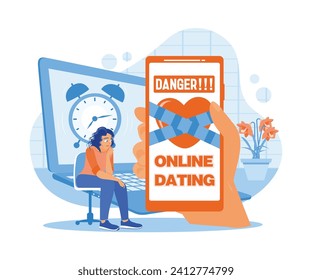 Hand holding a cell phone with a heart tied to a ribbon symbolises the dangers of online dating. Online Dating concept. Flat vector illustration.