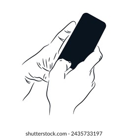 Hand holding a cell phone line drawing sketch vector hand drawn illustration