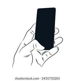 Hand holding a cell phone line drawing sketch vector hand drawn illustration