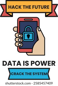 A hand holding a cell phone with a lock on it in the style of sign illustrations