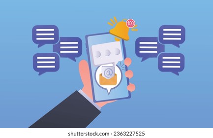 Hand holding a cell phone with a message Smartphone notification form.on blue background.Vector Design Illustration.